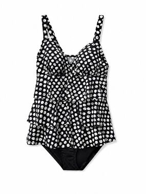 Bal Harbour Women’s Black & White Polka Dot Tiered Tankini Swimsuit Size 10 NWT